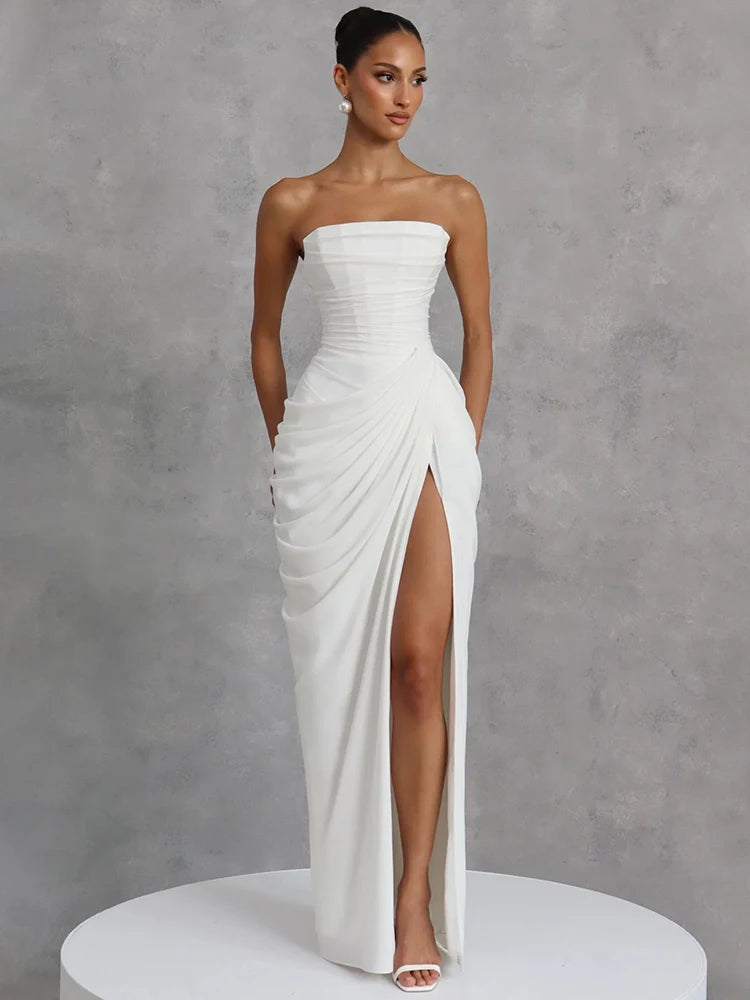 Strapless Ruched High Slit Sleeveless Maxi Dress