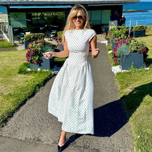 Polka Dot Fitted A Line Capsleeve Flare Dress