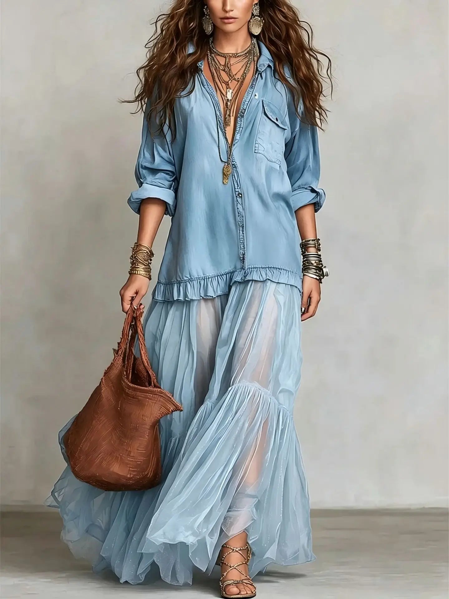 Collared Buttoned Pocketed Tiered Long Dress