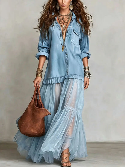 Collared Buttoned Pocketed Tiered Long Dress