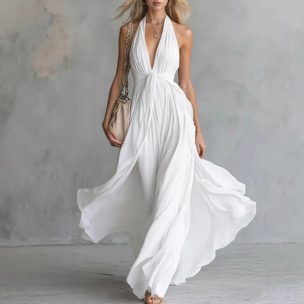 Halter Plunging Pleated Knotted Flared Dress