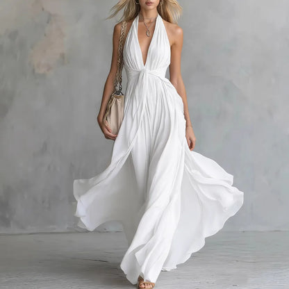 Halter Plunging Pleated Knotted Flared Dress