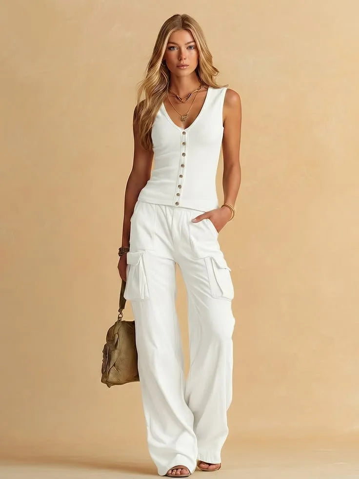 Sleeveless Buttoned Fitted Top Pocketed Wide Long Trouser Set