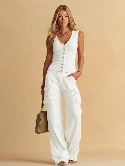 Sleeveless Buttoned Fitted Top Pocketed Wide Long Trouser Set