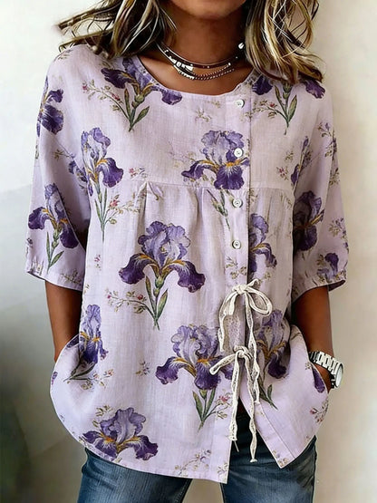 Crew Neck Side Tie Blouse