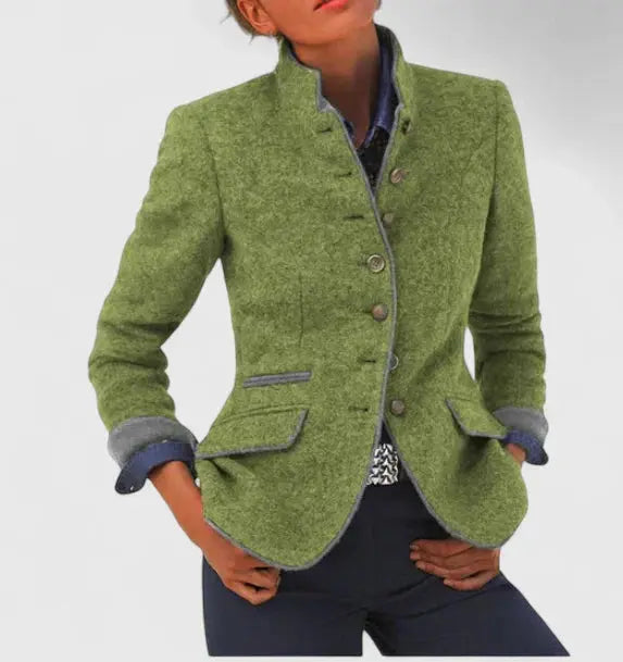 Collared Buttoned Flapped Trimmed Fitted Blazer