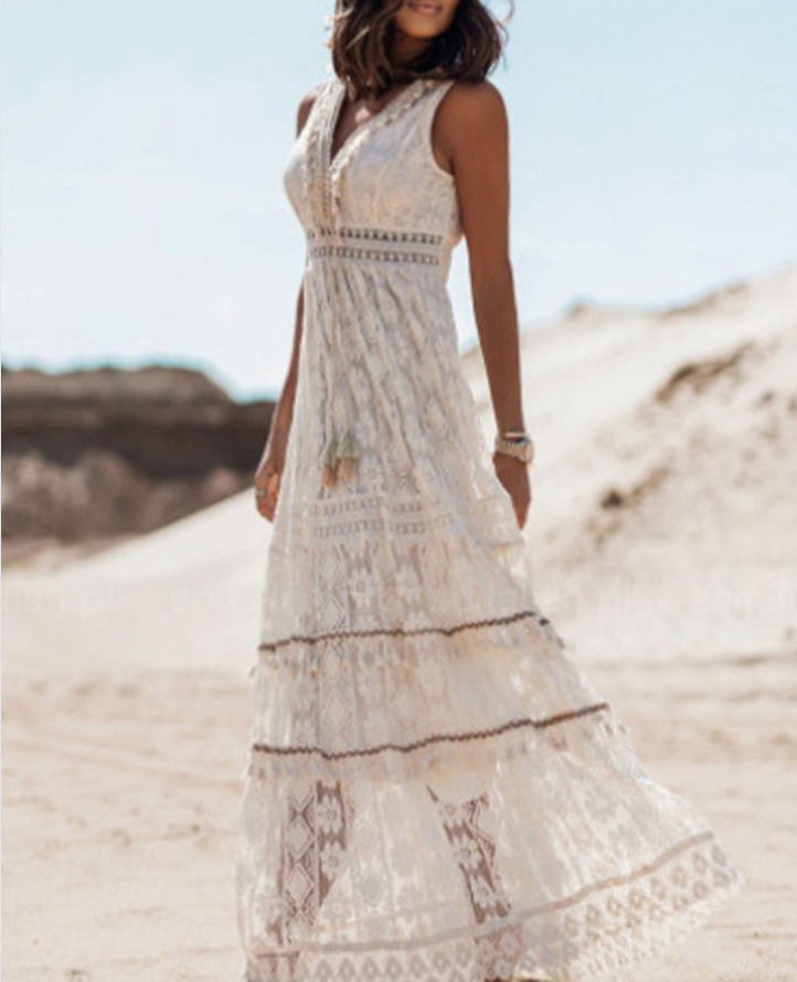 Sleeveless V Neck Patterned Geometric High Waist Dress Tiered
