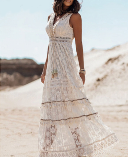 Sleeveless V Neck Patterned Geometric High Waist Dress Tiered