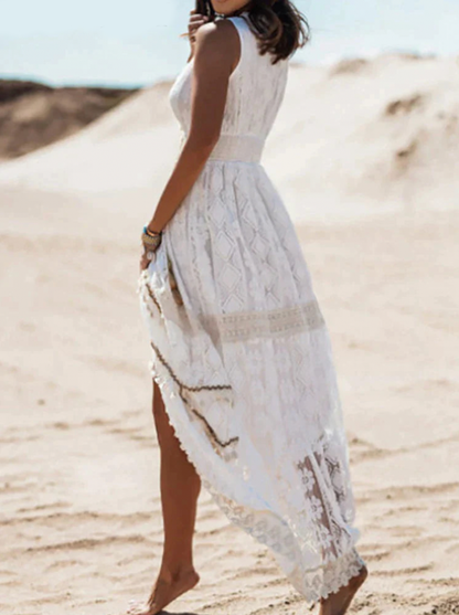 Sleeveless V Neck Patterned Geometric High Waist Dress Tiered