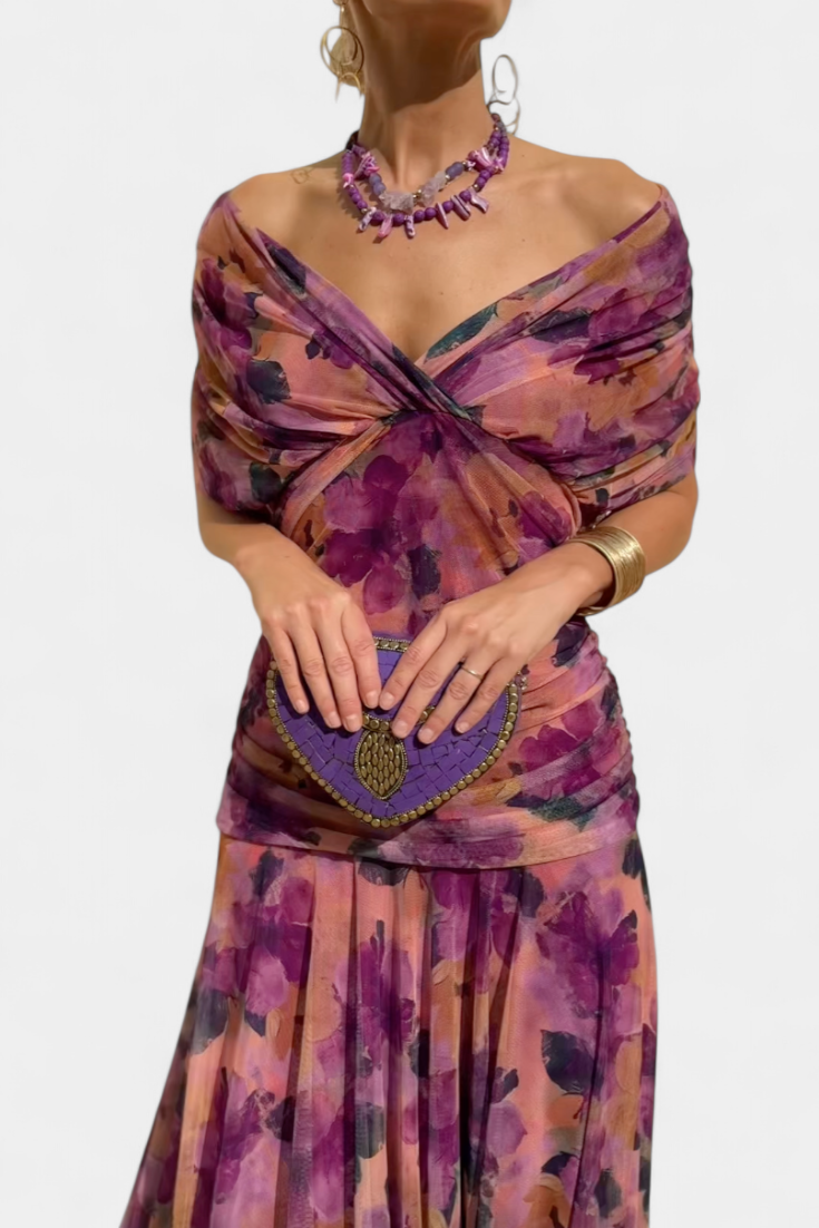 Twist Front Pleated Long Dress