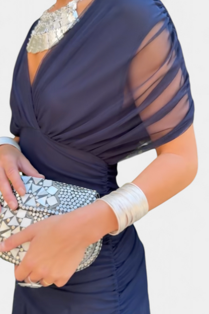 Twist Front Pleated Long Dress