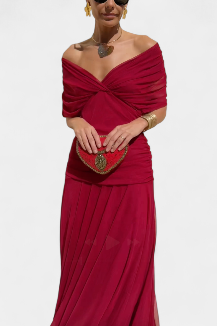 Twist Front Pleated Long Dress