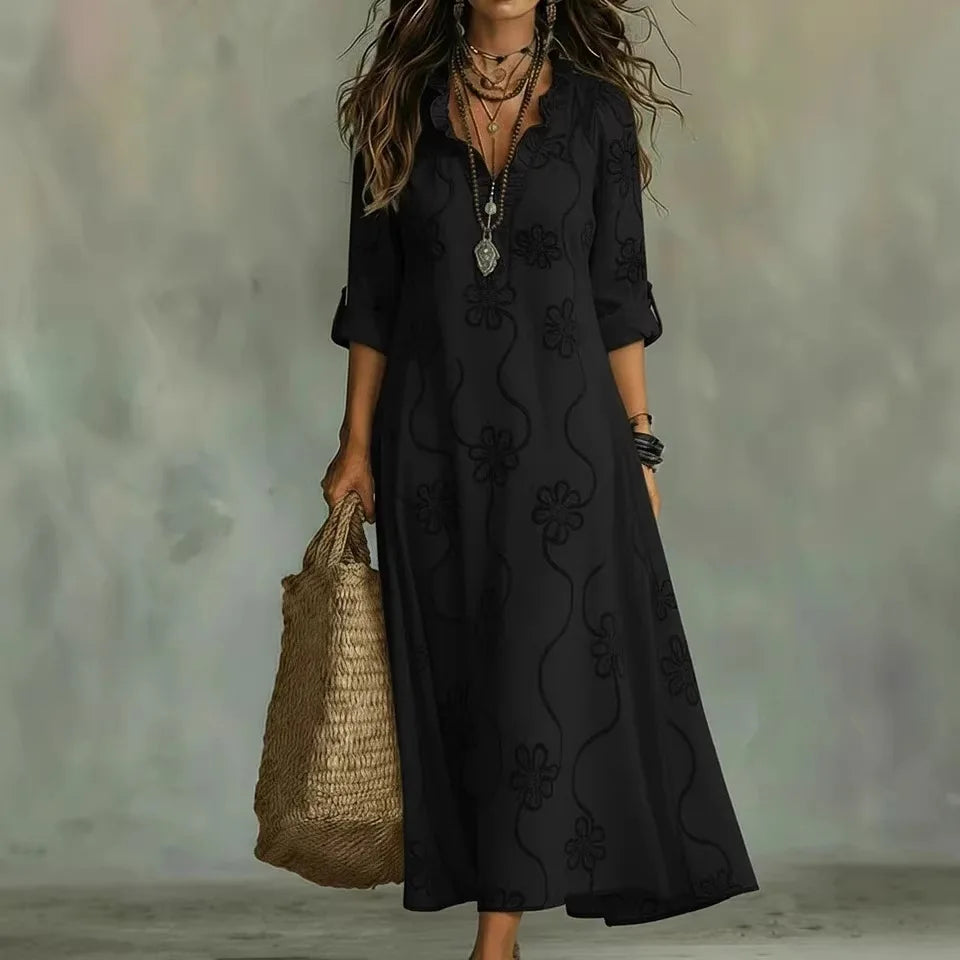 Three Quarter Sleeve Split Neck Maxi Dress