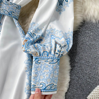 Paisley Printed Belted Bishop Sleeve Maxi Dress