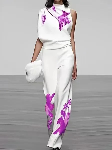 Asymmetric Neck Printed Sleeveless Wide Leg Set