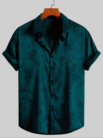 Floral Embroidered Collared Buttoned Rolled Curved Loose Shirt