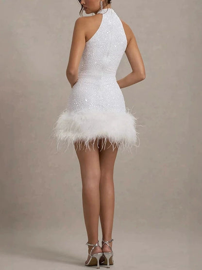 Halter Neck Sequined Feather Mini Dress