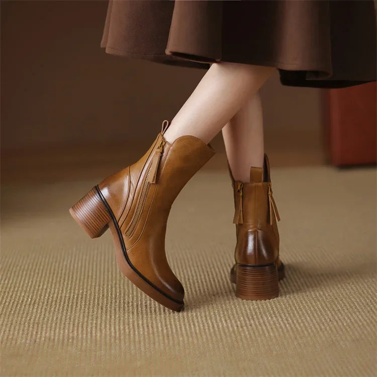 Round Toe Side Zipper Block Heel Ankle Boots