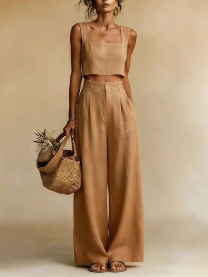 Cropped Sleeveless Pleated Wide Pocketed Set