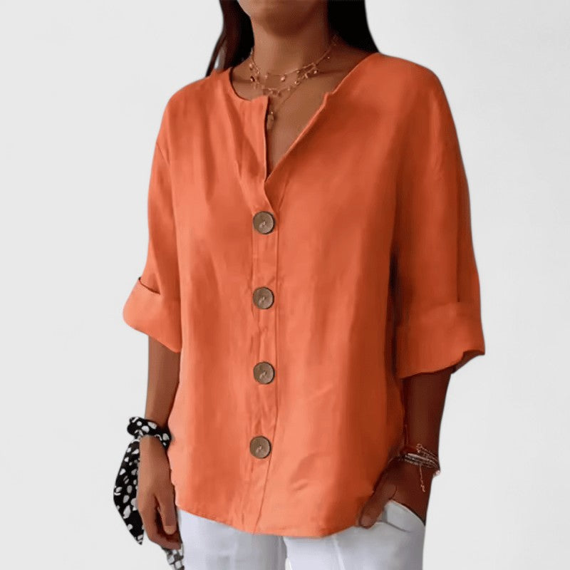 Three Quarter Sleeve V Neck Button Up Solid Loose Blouse