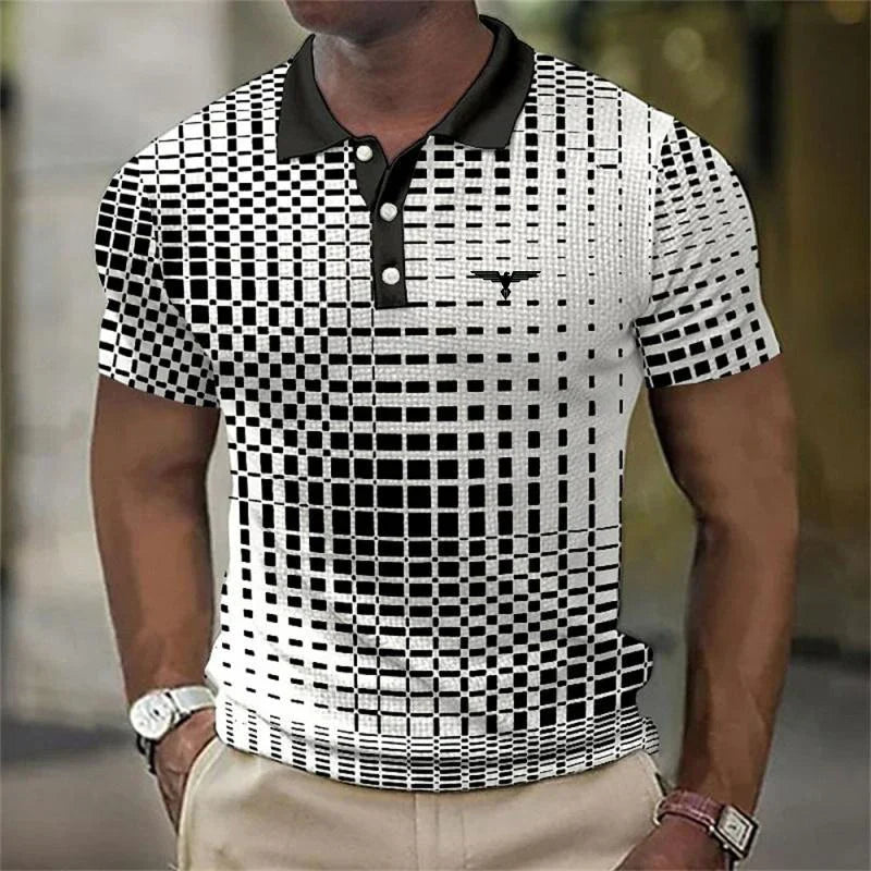 Men's Contrast Collar Short Sleeve Geometric Print Stretch Polo Shirt
