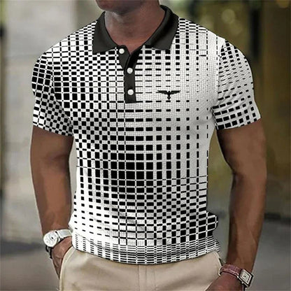 Men's Contrast Collar Short Sleeve Geometric Print Stretch Polo Shirt