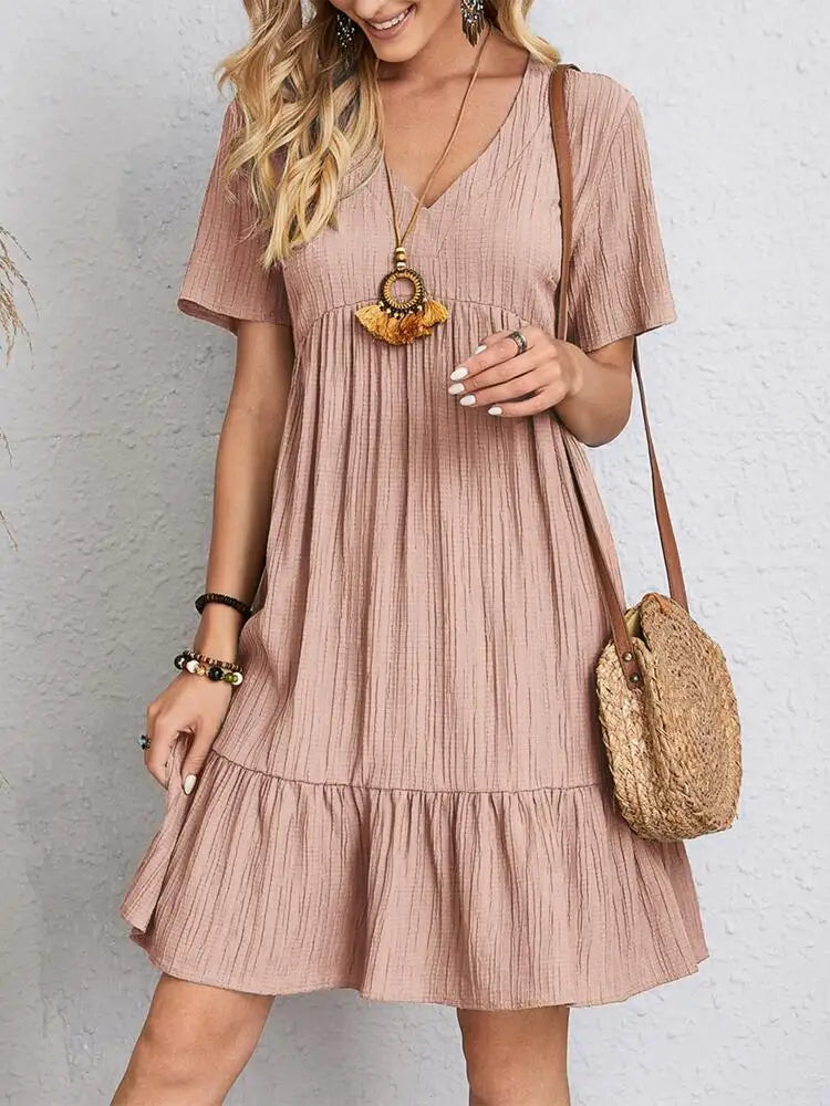 Textured Tiered Gathered Flared Short Relaxed Dress