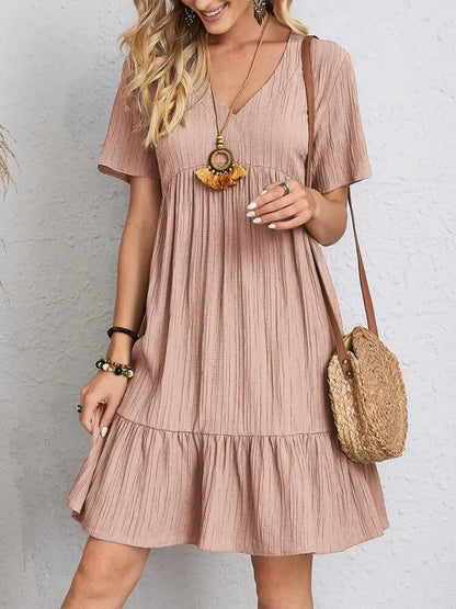 Textured Tiered Gathered Flared Short Relaxed Dress
