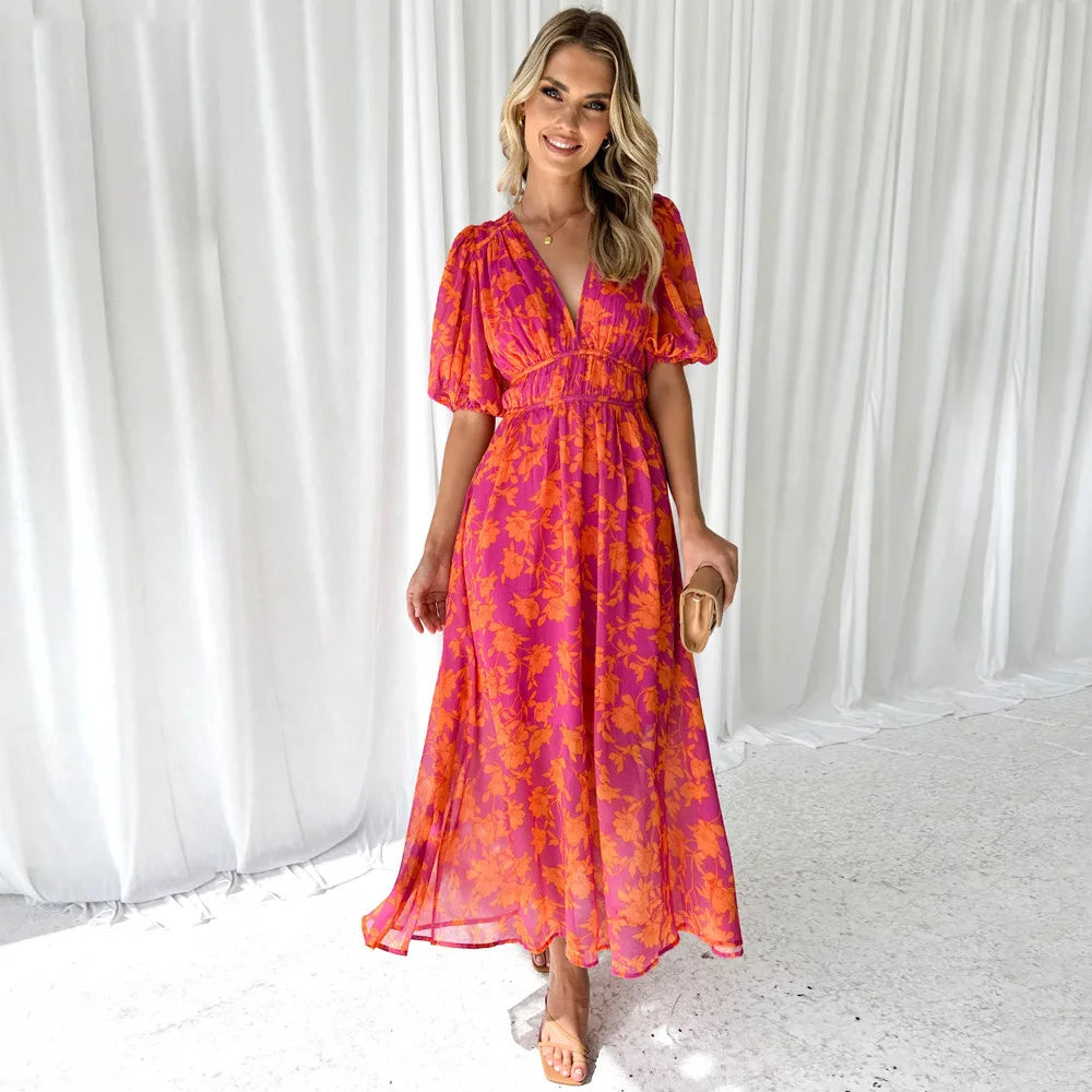 Floral Patterned Short Puff Sleeve Dress