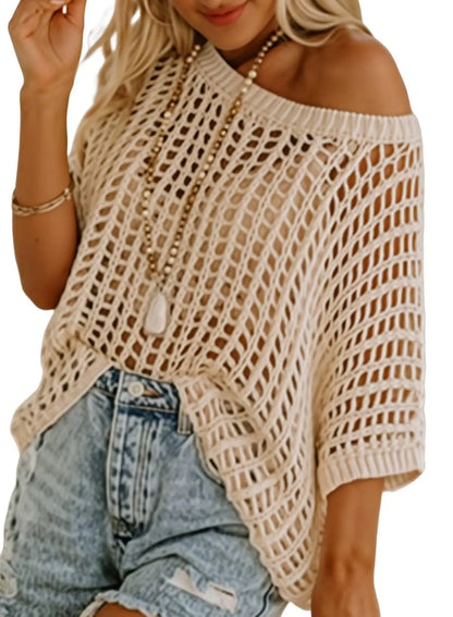 Women's Off-Shoulder Crochet Knit Cropped Sweater