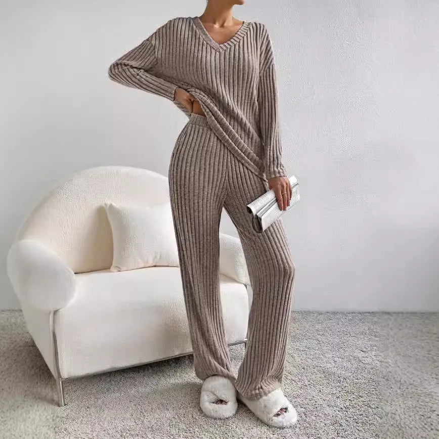 V-Neck Long Sleeve Loungewear Set with Wide Leg Pants