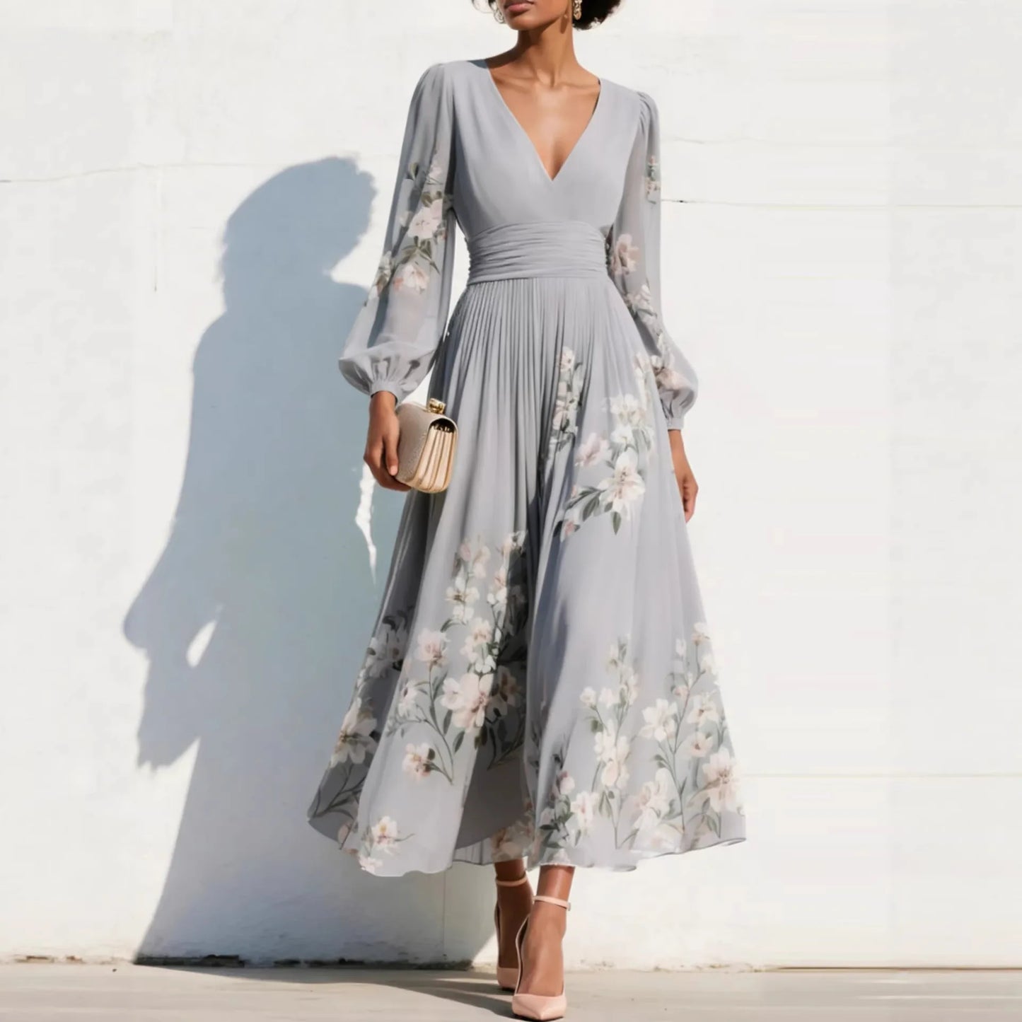 Pleated Long Sleeve V Neck Maxi Dress
