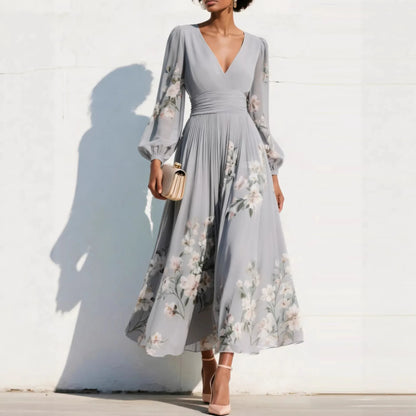 Pleated Long Sleeve V Neck Maxi Dress