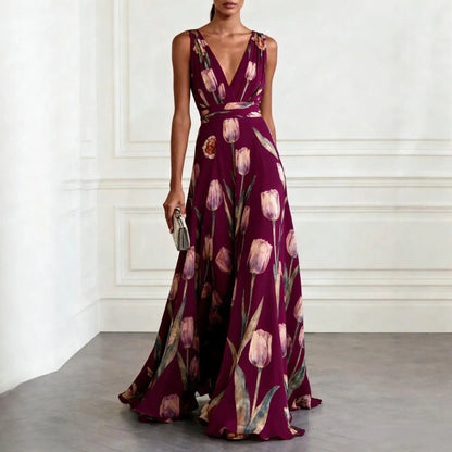 Printed Sleeveless Cinched Gathered Flared Long Dress
