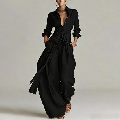 Collared Buttoned Tied Pleated Wide Set
