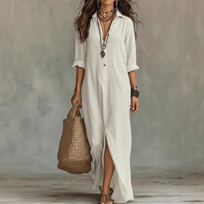 Collared Buttoned Loose Front Slit Dress