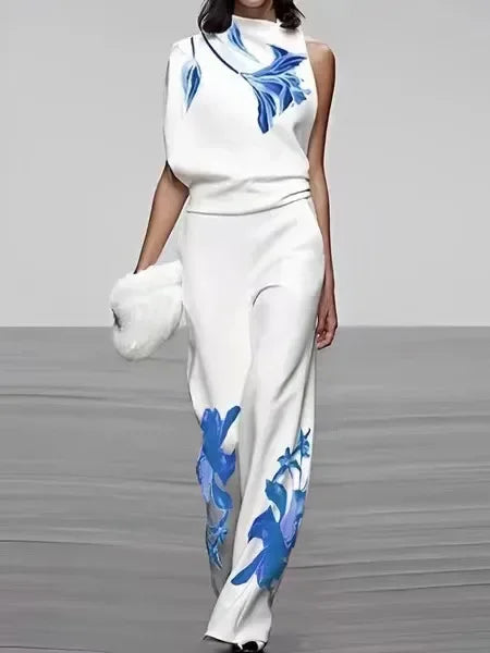 Asymmetric Neck Printed Sleeveless Wide Leg Set