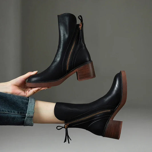 Round Toe Side Zipper Block Heel Ankle Boots