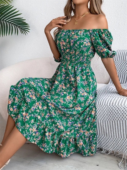Square Neck Smocked Puff Sleeve Floral Midi Dress