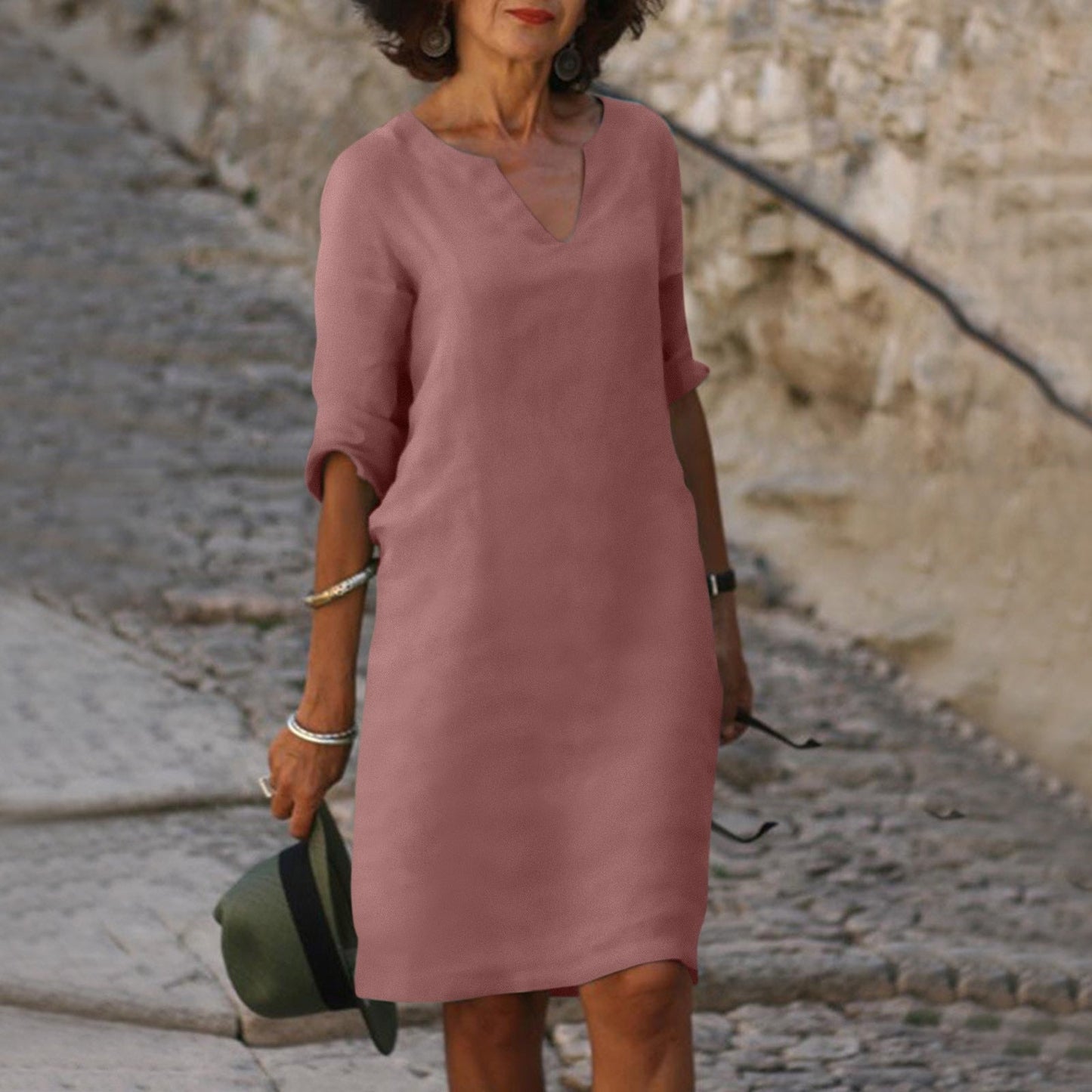 Straight Silhouette Split Neck Loose Fit Midi Dress