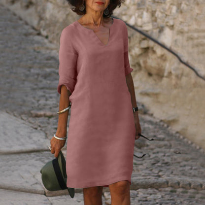 Straight Silhouette Split Neck Loose Fit Midi Dress
