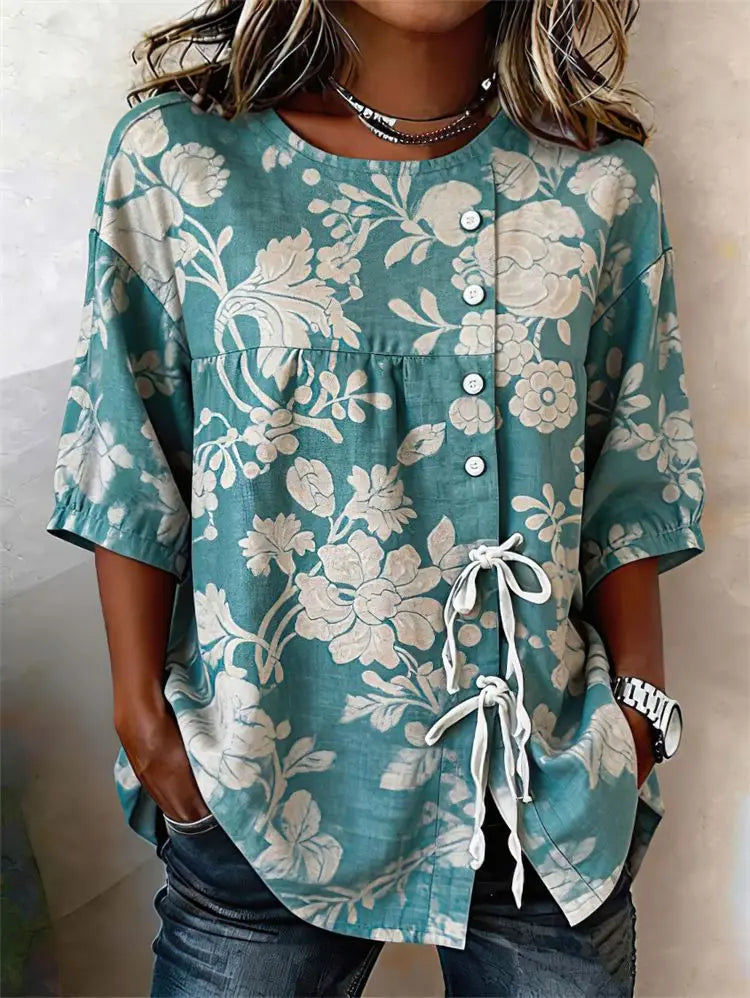 Crew Neck Side Tie Blouse