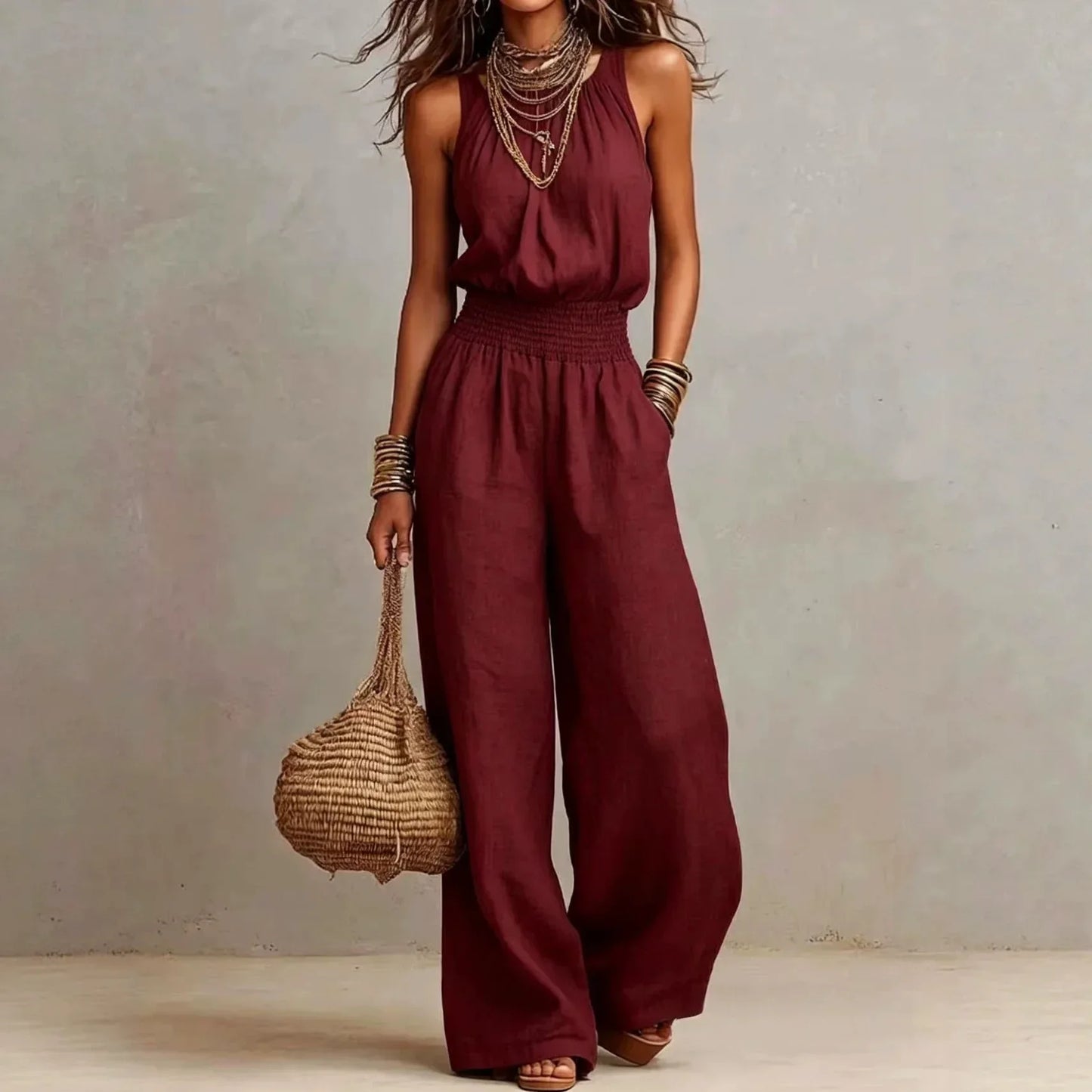 Halter Shirred Pleated Loose Long Jumpsuit