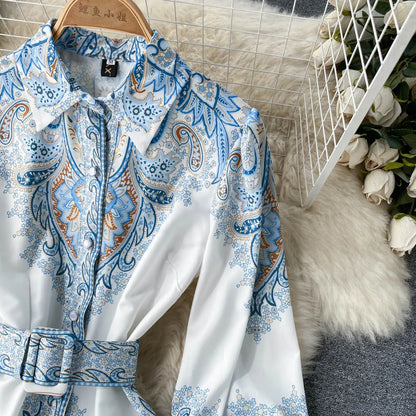 Paisley Printed Belted Bishop Sleeve Maxi Dress