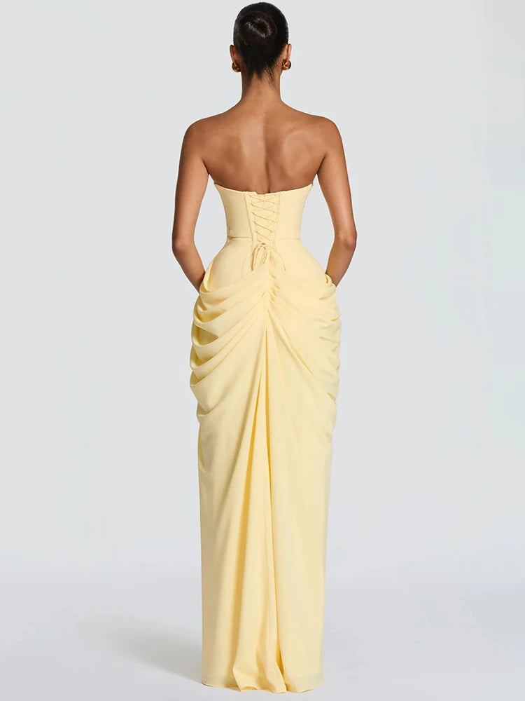 Strapless Ruched High Slit Sleeveless Maxi Dress