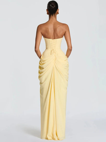 Strapless Ruched High Slit Sleeveless Maxi Dress