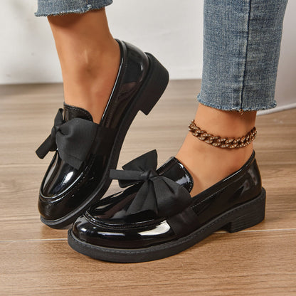 Round Toe Knot Detail Slip On Block Heel Loafers