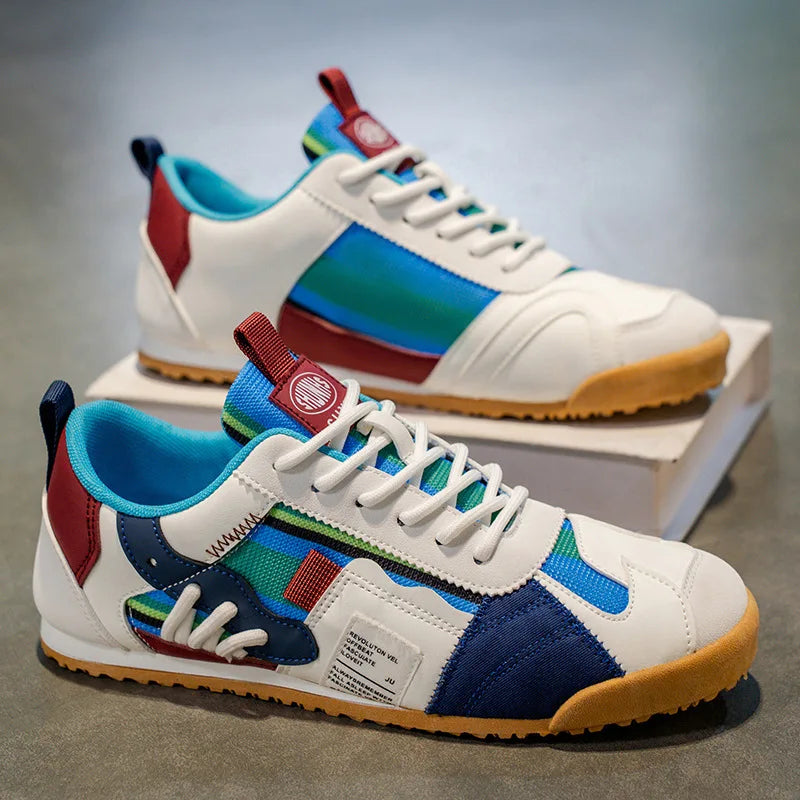Patched Striped Rounded Textured Flat Sneakers
