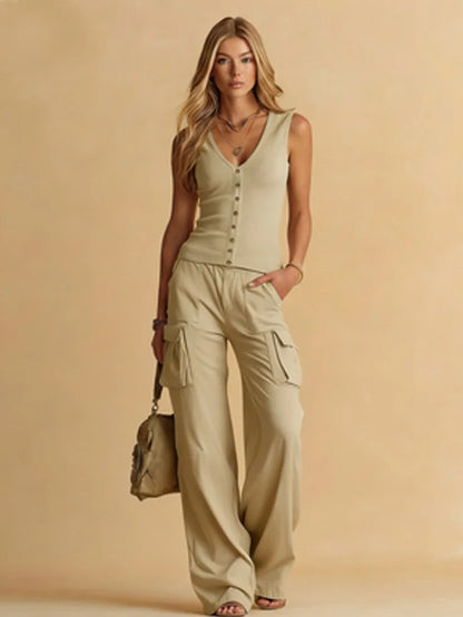 Sleeveless Buttoned Fitted Top Pocketed Wide Long Trouser Set