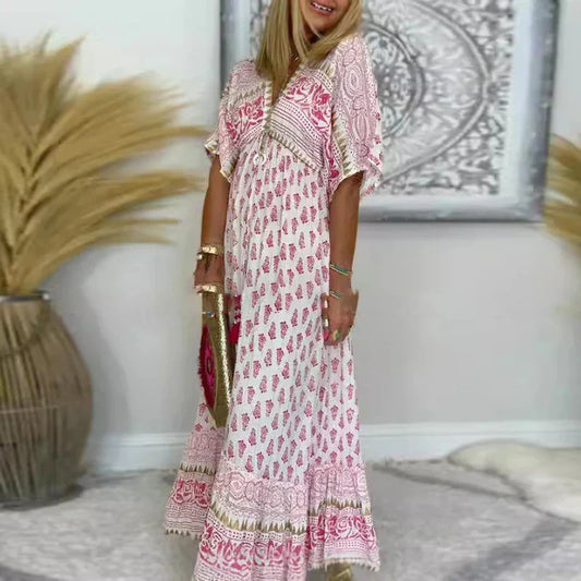 V Neck Printed Tiered Ruffled Maxi Dress